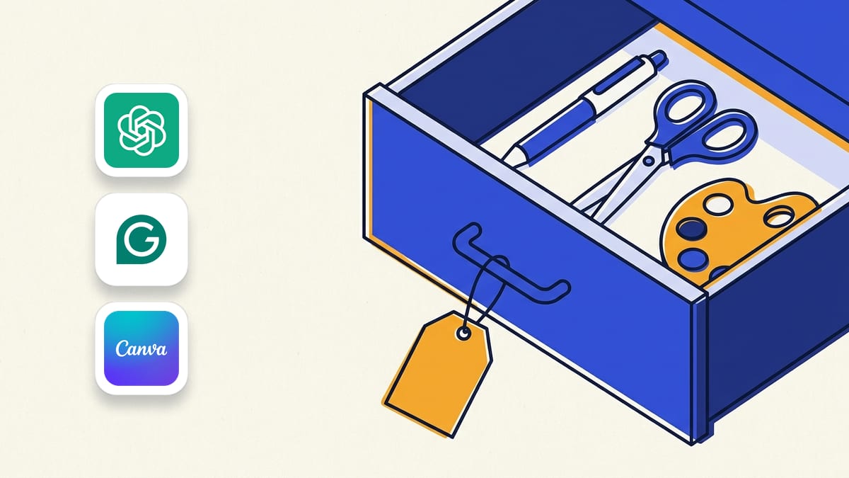 ChatGPT, Grammarly and Canva icons beside a flat illustration of a pen, scissors and a paint palette inside an open indigo drawer with a blank price tag.