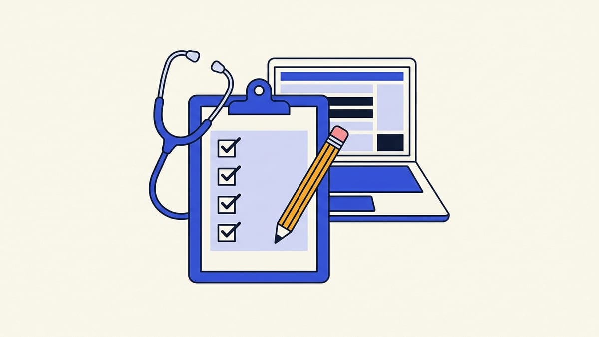 Flat illustration of a large clipboard with a checklist of plain ticked boxes.