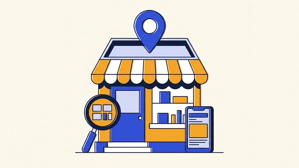 Flat illustration of a small neighbourhood shopfront with a striped marigold awning and an indigo door.