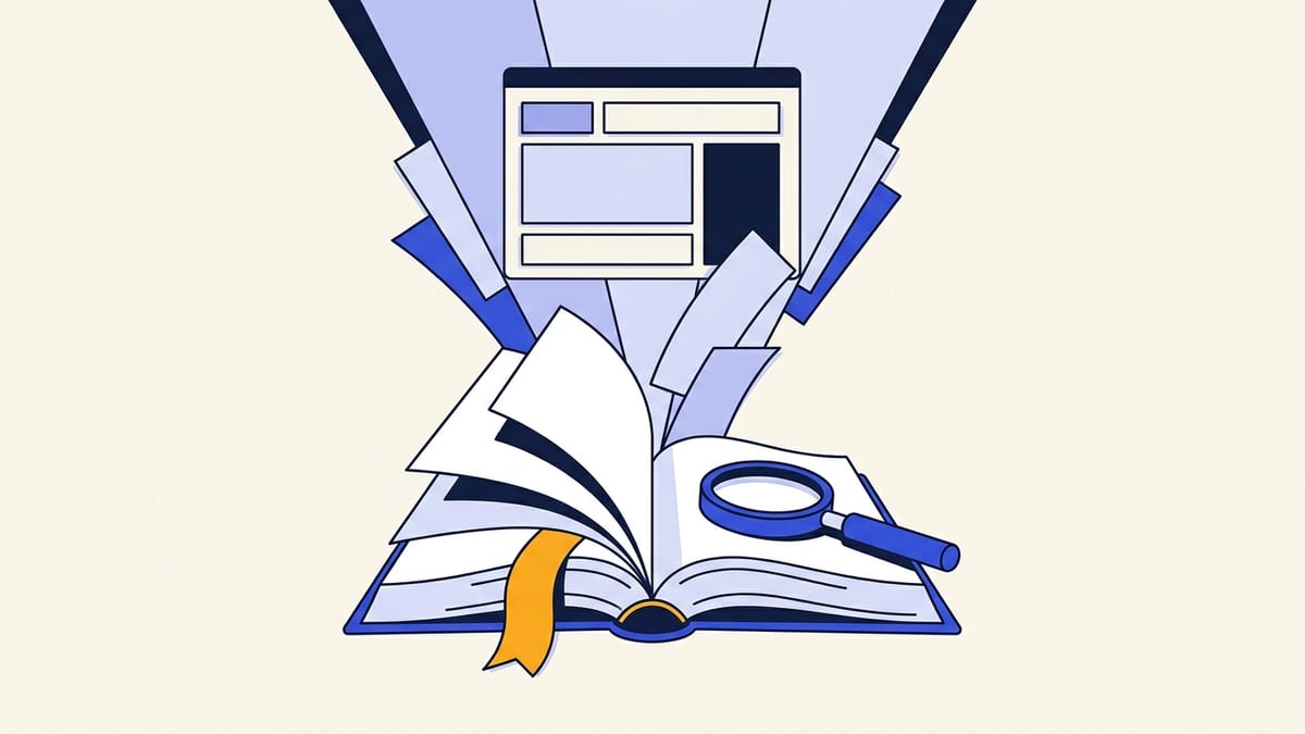 Flat illustration of an open book with pages fanning up into flying paper sheets that turn into a browser window in the sky.