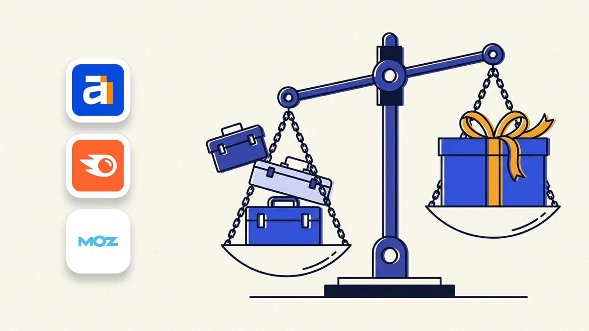 Ahrefs, Semrush and Moz Pro icons beside a flat illustration of a balance scale weighing three small toolboxes against one gift-wrapped box.