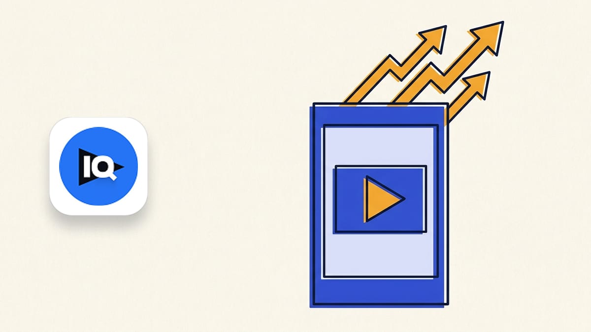vidIQ icon beside a flat illustration of a smartphone standing upright playing a video shown as a plain marigold play-triangle on an indigo rectangle.