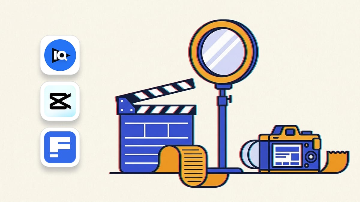 vidIQ, CapCut and Freepik icons beside a flat illustration of a clapperboard, ring light and camera with a receipt curling out beneath them.